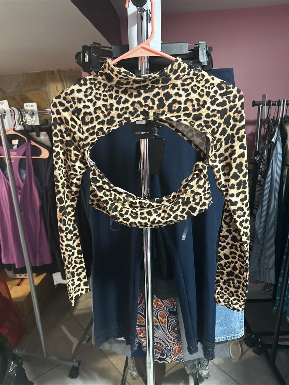 Fashion Nova Leopard Print Cutout Crop Top - Tan Black